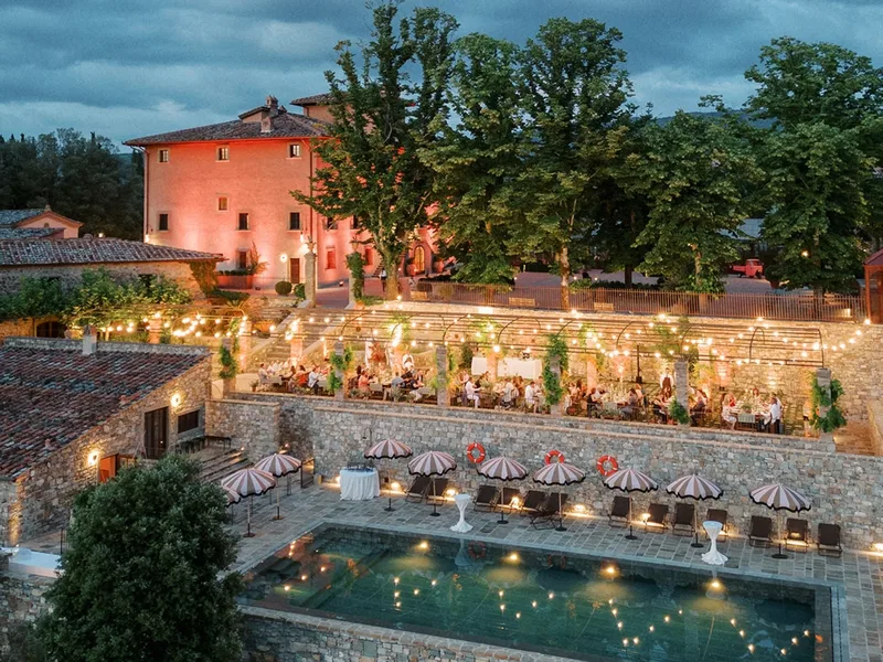 Vignamaggio Drone View Night Pool Area